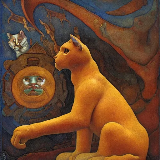 Image similar to masterpiece cat sculpture from an unknown lost civilization, by annie swynnerton and diego rivera and nicholas roerich and jean delville and charlie bowater, symbolist, dramatic lighting, god rays, art brut, rich colors, smooth sharp focus, extremely detailed, adolf wolfli and ( donato giancola and bilibin )