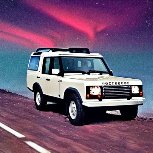 Image similar to land rover discovery driving down a windey road with noctoluminescent clouds in the sky, simplistic style, 1 9 8 0 s poster style