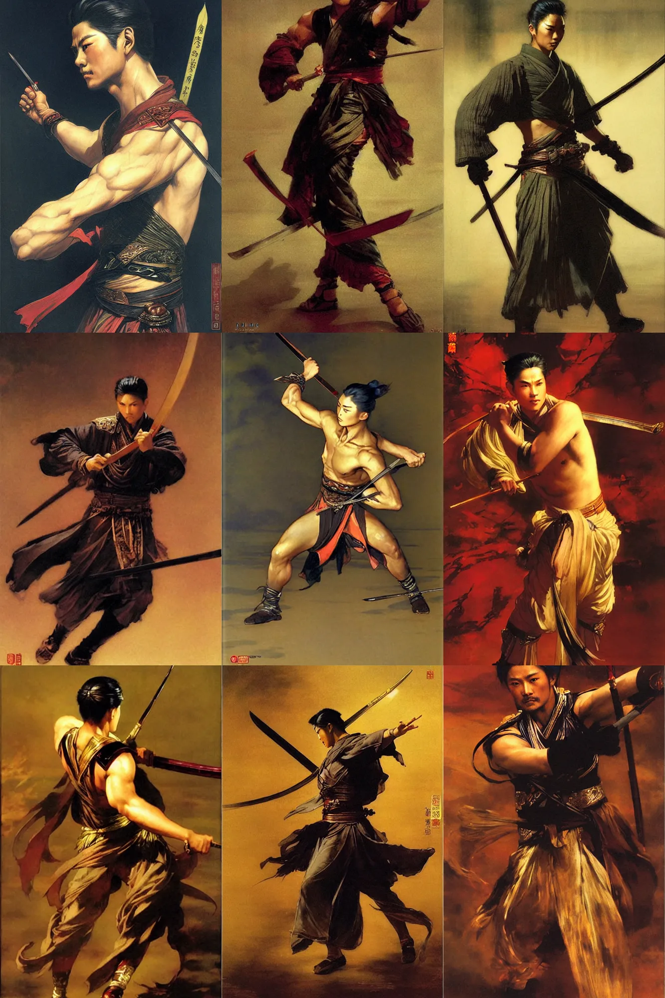 Prompt: wuxia male warrior, painting by delphin enjolras, j. c. leyendecker, yoji shinkawa