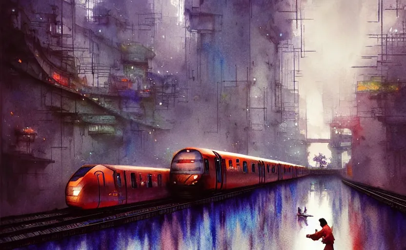 Prompt: an urban train rides inside of a waterway on a fantasy city. intricate, amazing composition, colorful watercolor, by ruan jia, by maxfield parrish, by marc simonetti, by hikari shimoda, by robert hubert, by zhang kechun, illustration, gloomy