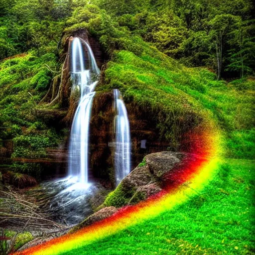 Prompt: a rainbow waterfall on grassy hill, vibrant, steampunk
