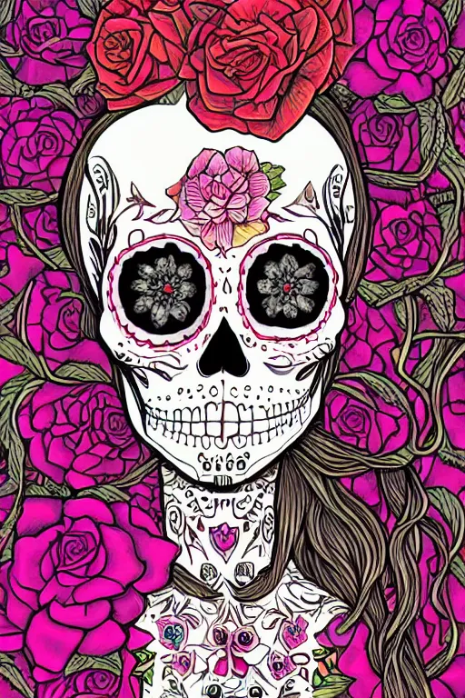 Prompt: Illustration of a sugar skull day of the dead girl, art by Emek Golan