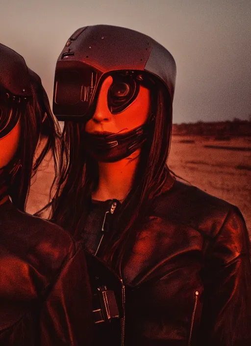 Image similar to cinestill 5 0 d photographic portrait of two loving female androids wearing rugged black techwear on a desolate plain with a red sky, extreme closeup, cyberpunk style, leather garters, dust storm, 8 k, hd, high resolution, 3 5 mm, f / 3 2, ultra realistic faces, ex machina