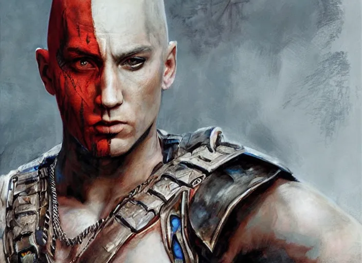 Image similar to a highly detailed beautiful portrait of eminem as kratos, by gregory manchess, james gurney, james jean