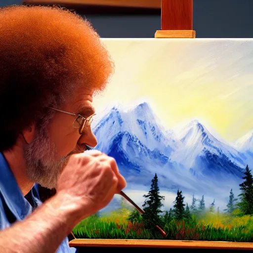 Image similar to a closeup photorealistic photograph of bob ross working on a canvas painting of elmo. film still. brightly lit scene. mountains and trees. this 4 k hd image is trending on artstation, featured on behance, well - rendered, extra crisp, features intricate detail, epic composition and the style of unreal engine.