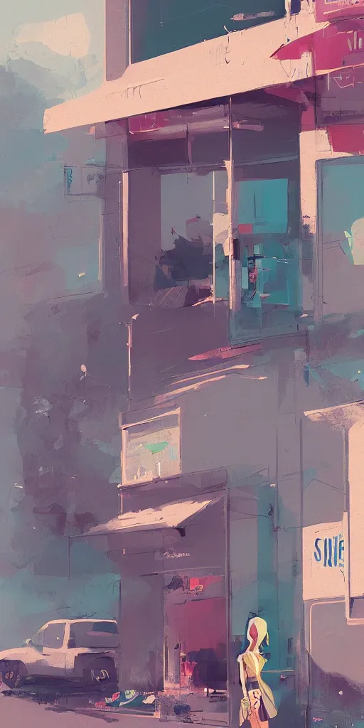 Prompt: a stylish woman standing in front of a convenience store by Ismail Inceoglu