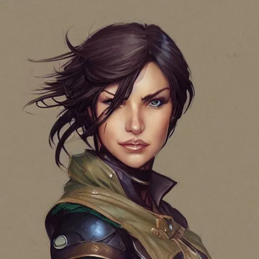 Image similar to female ranger in her 4 0 s, art by artgerm and greg rutkowski and magali villeneuve, d & d, fantasy, portrait, highly detailed, headshot, digital painting, trending on artstation, concept art, sharp focus, illustration