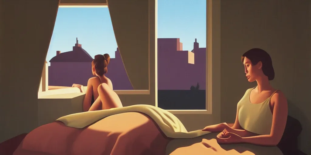 Image similar to sad girl on the bed, looking outside, summer evening, kenton nelson