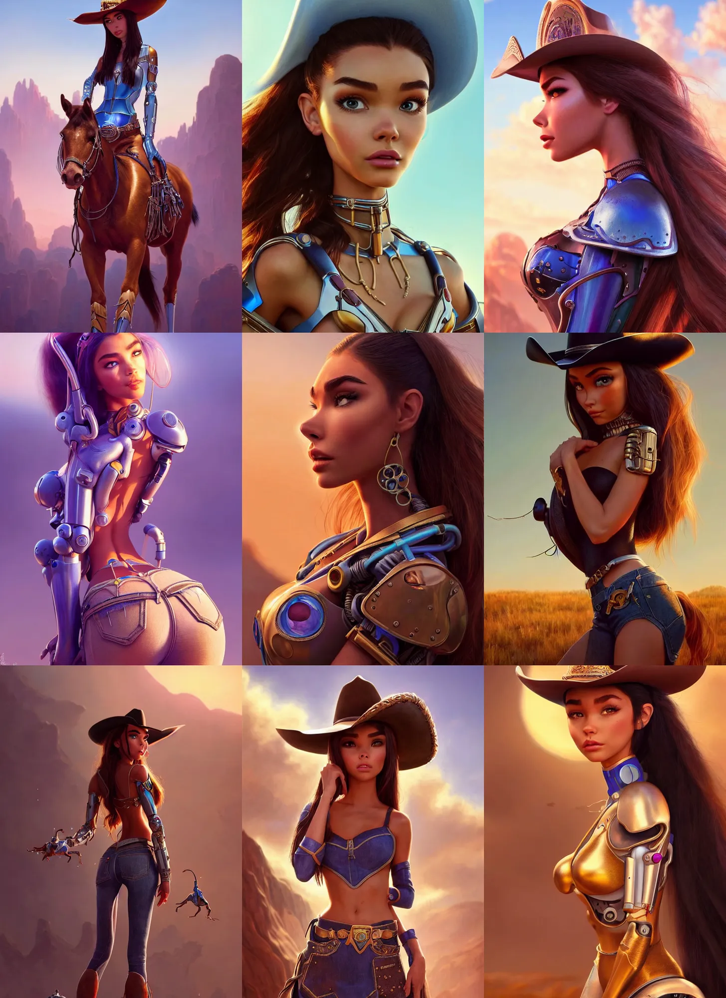 Prompt: madison beer : : as polished cowgirl princess weta cyborg : : disney pixar movie still photo : : hi - fructose, sci fi decadent highly - detailed digital painting, golden ratio, octane render, artstation, smooth, sharp focus, scott robertson, artgerm, mucha, loish, wlop : :