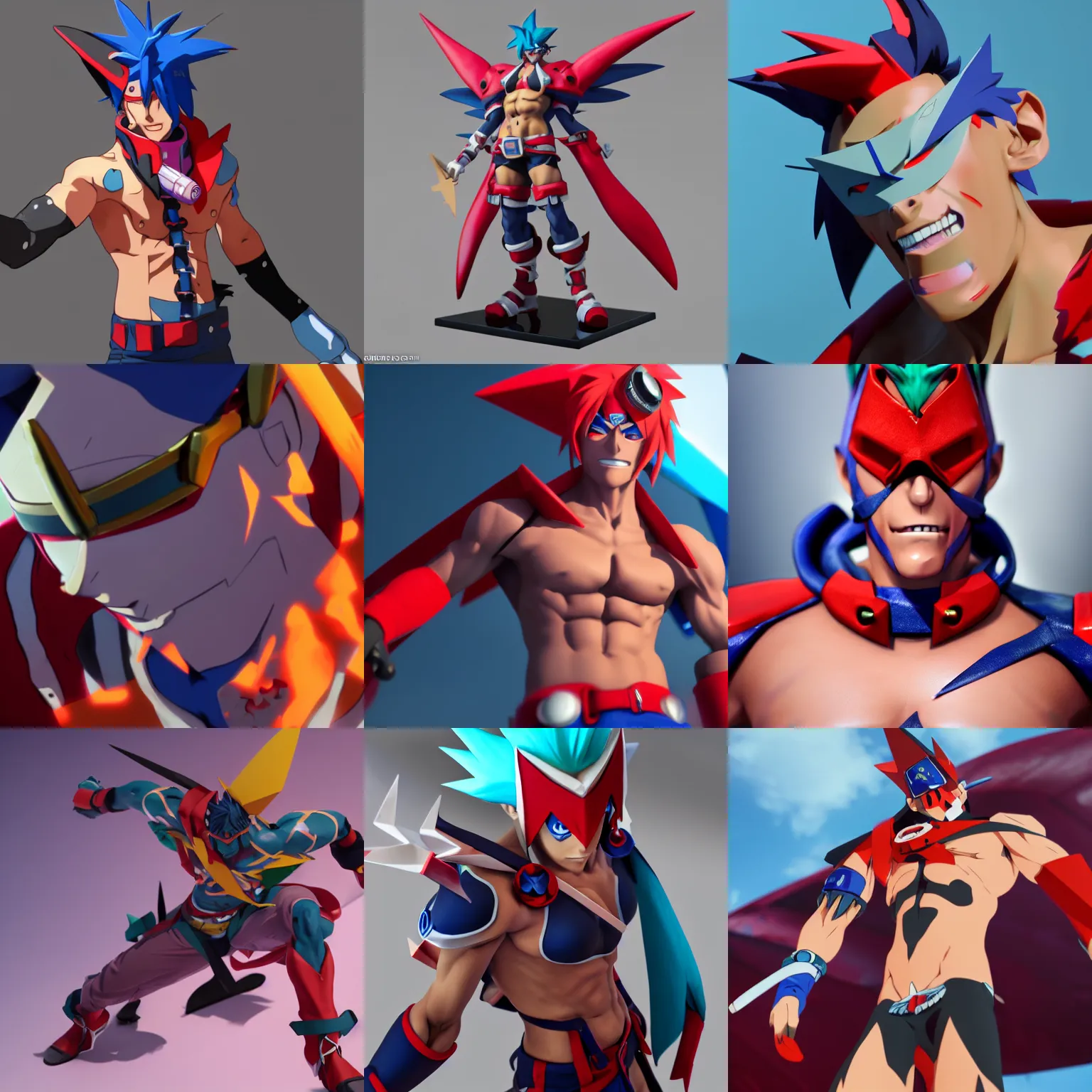 Prompt: render of kamina from gurren lagann, 3 d model, hyper realism, octane, 4 k, unreal engine, sculpting, detailed