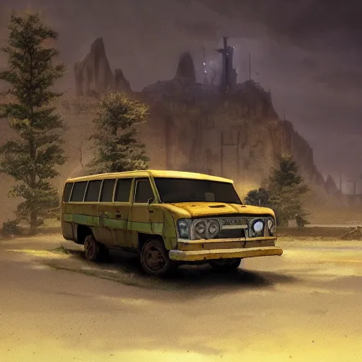 Image similar to mystery machine from the show scooby doo abandoned, dirty, apocalypse, cinematic, detailed, epic, widescreen, opening, establishing, mattepainting, photorealistic, 4 k, octane render, art by greg rutkowski