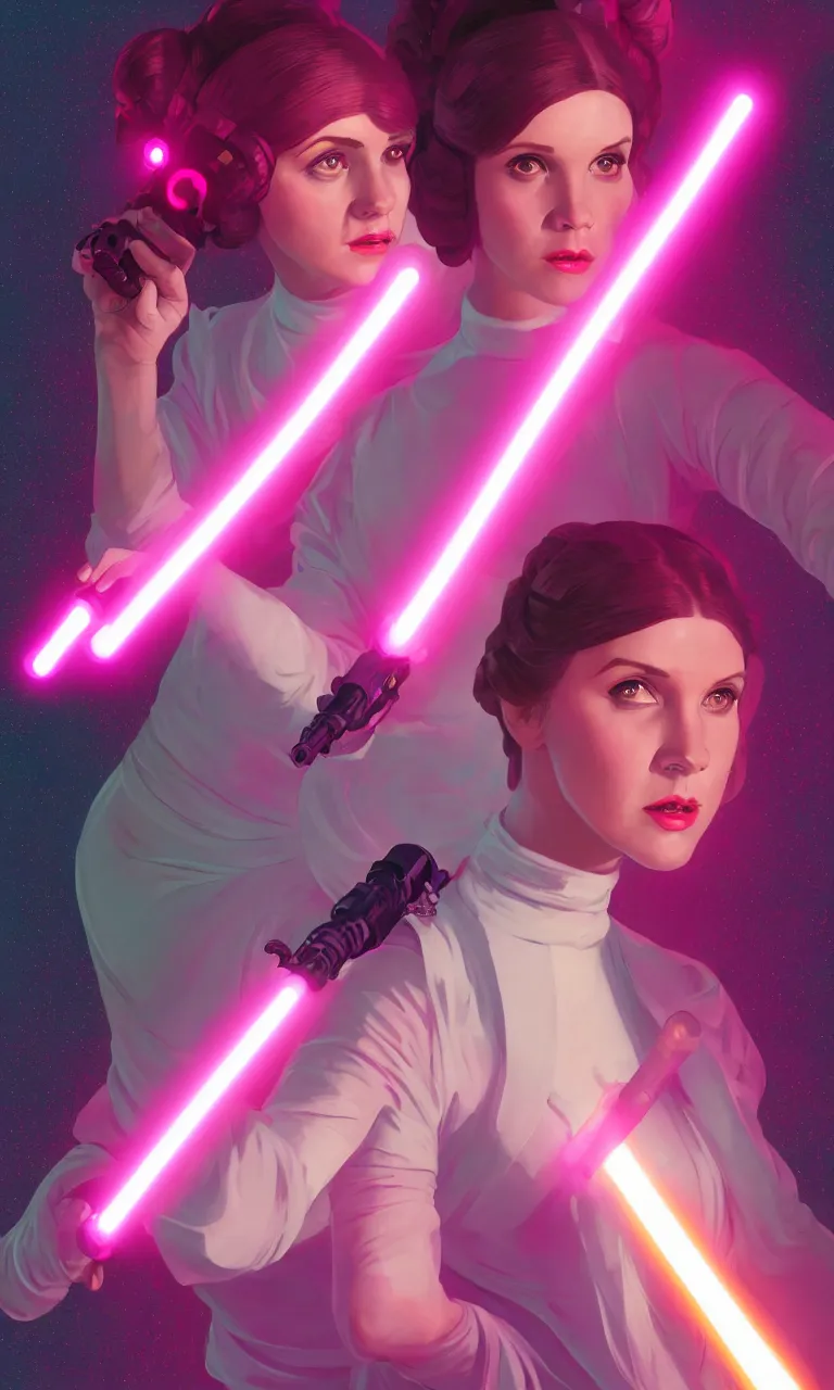 Prompt: Princess Leia wielding a fuchsia light saber, ambient lighting, 4k, alphonse mucha, lois van baarle, ilya kuvshinov, rossdraws, artstation