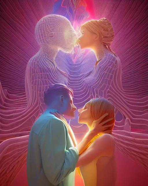 Prompt: 3 d render of kissing couple with profile picture by luis toledo and alex grey and beeple, neosurrealism. digital art, pixel art, concept art, octane render, trending on cgsociety, trending on artstation