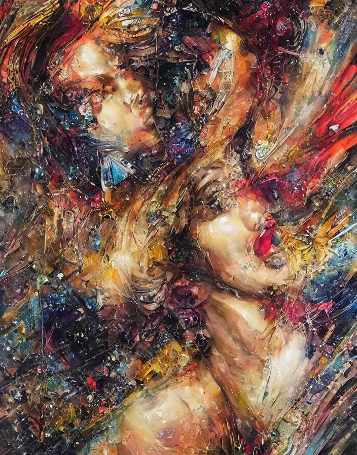 Prompt: elegant celestial orgasm detailed and highly reliefed analogue mixed media collage with canvas texture in style of conteporary art, punk art, hyperrealistic beautiful face, photorealistic, expressionism, masterpiece, perfect composition, spectacular quality, intricate oil details, flowing paint