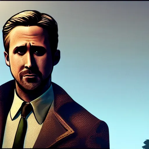 Image similar to Ryan Gosling character in Disco elysium game, HD , 4K, volume light, sharp focus, cinematic composition, dramatic pose, hyper detailed,