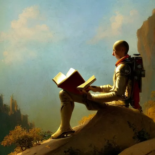 Prompt: a gorgeous Carl Spitzweg painting of a robot standing on a rocky hill reading a book, artstation