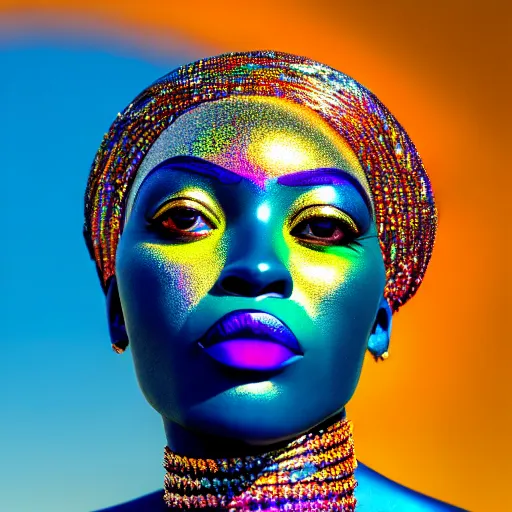 Image similar to portrait of iridescent metalic face, african woman, colorful reflections, proud, looking away, outdoor, blue sky, 8 k, realistic, depth of field, highly detailed, art photography