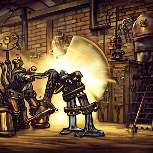 Prompt: amazing blacksmith scene, steampunk blacksmith with 4 robot arms hammering a blade.