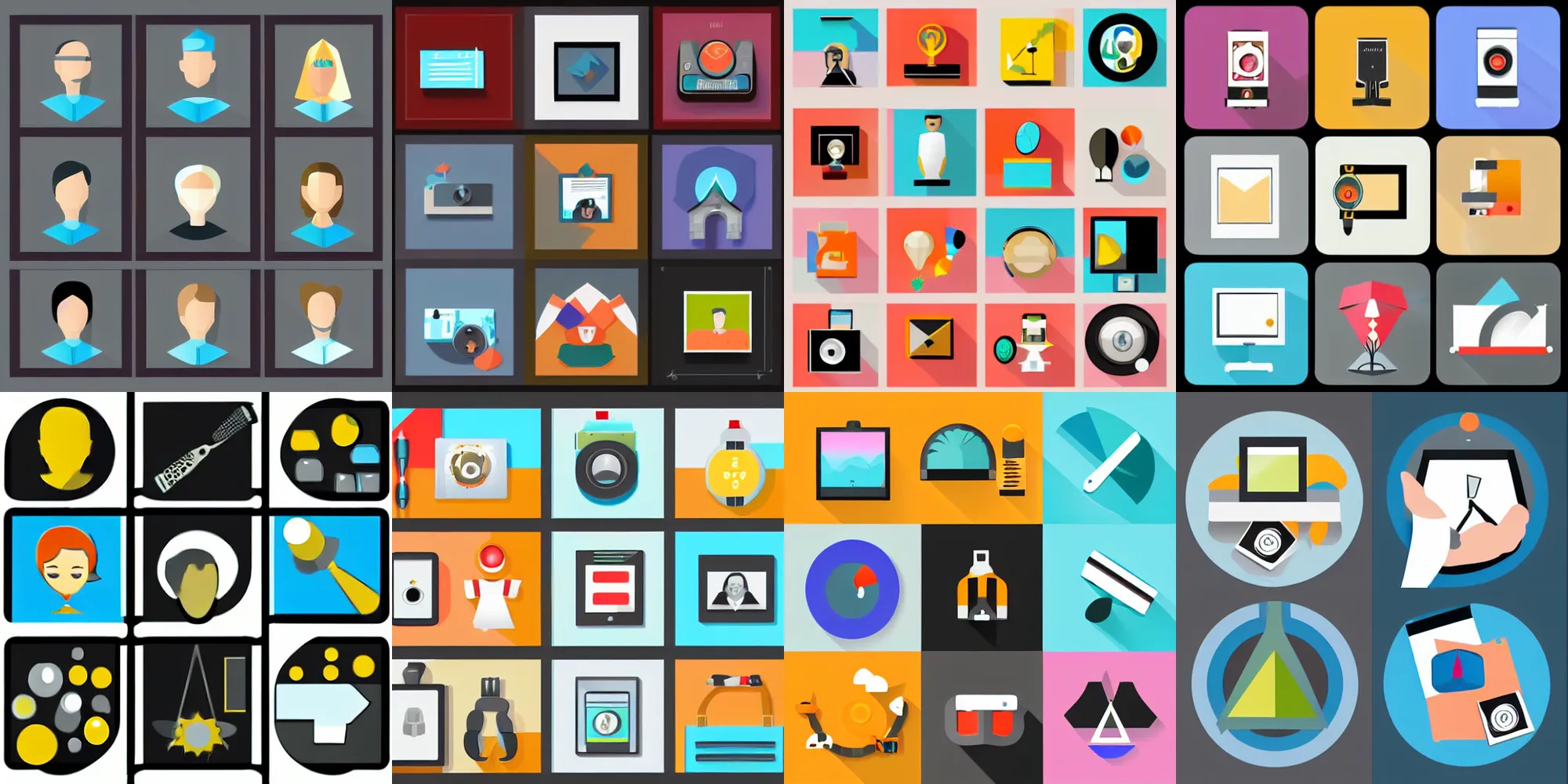 Prompt: a modern icon set about photo software, flat design, clip art, vector art, digital asset, designed by rob janoff