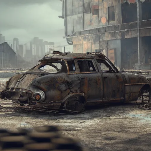 Image similar to car made out of scrap parts in a apocalyptic wasteland, 3d render, Unreal Engine, octane render, ray tracing, Unity, highly detailed, high quality, HD, 4k, 8k, realistic, sharp, trending