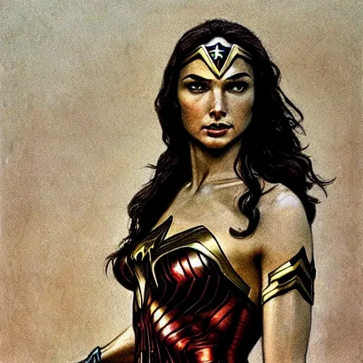 Prompt: Gal Gadot as Wonder Woman, by Beksinski