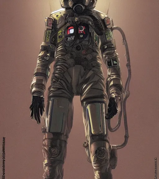 Image similar to realistic cyberpunk japanese engineer with long limbs and a black spacesuit welding, techwear, dead space, visible face, gritty Industrial Scifi, detailed illustration, character portrait, by Martin Grip and Moebius