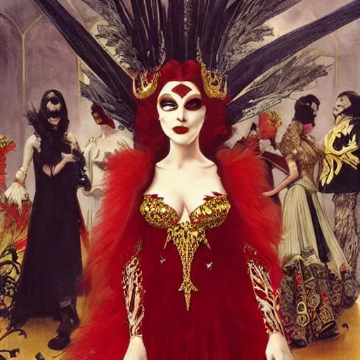 Prompt: an ultra - realistic portrait of a vampire queen in an ostentatiously beautiful blood red dress with gold trim and a long leg slit, 4 k, a masquerade ball in the background with other guests out of focus, sharp focus, detailed face, art by john collier and albert aublet and krenz cushart and artem demura and alphonse mucha