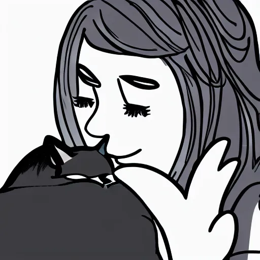 Prompt: simple line art of a woman cuddling a cat