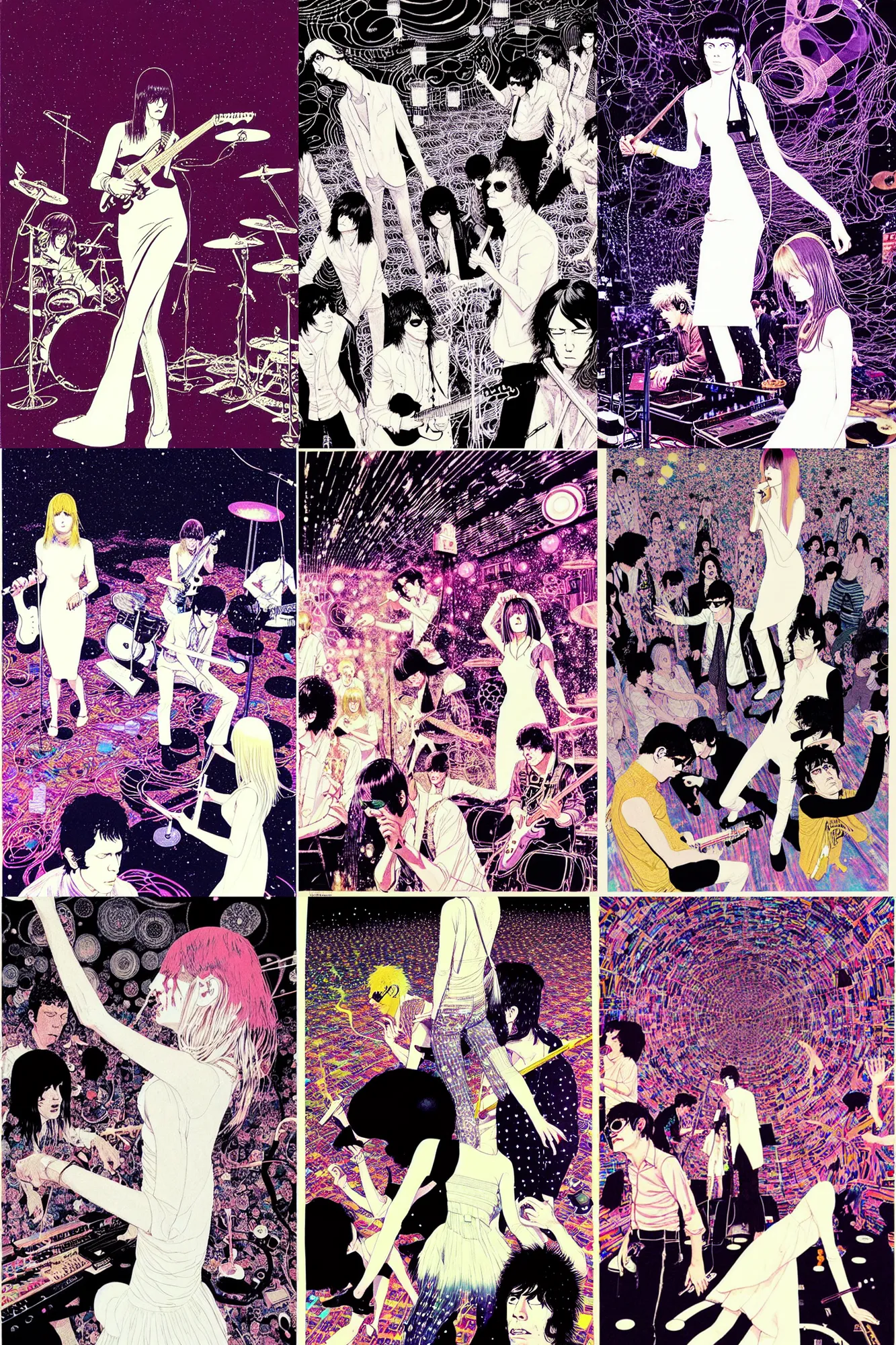 Prompt: the velvet underground playing in a night club in 1 9 6 9 live on stage and nico wearing a white dress, art by katsuhiro otomo, victo ngai, james gurney, james jean, very detailed and colorful