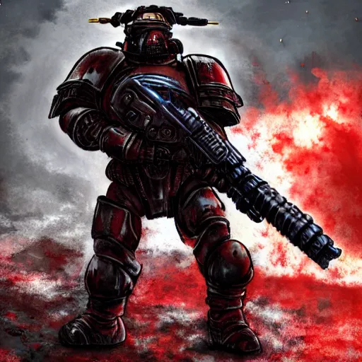 Image similar to heavy armor soldier wearing space marine like armor but in real life, walking in a river of blood full of human bloody dead bodies and human parts, shooting with his gun, explosions in background, painting style