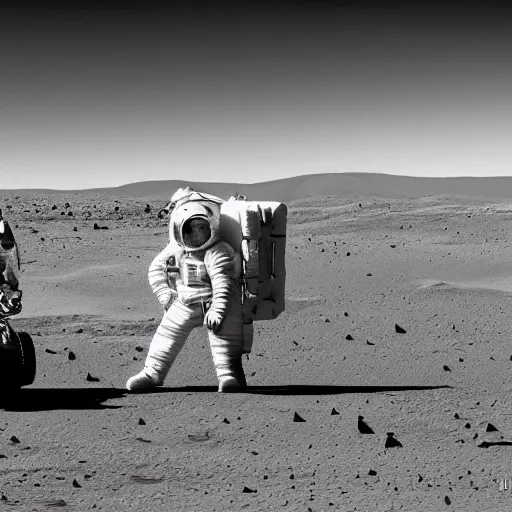 Prompt: Apollo crew landing on Mars, historical photo, black and White, detailed, High quality