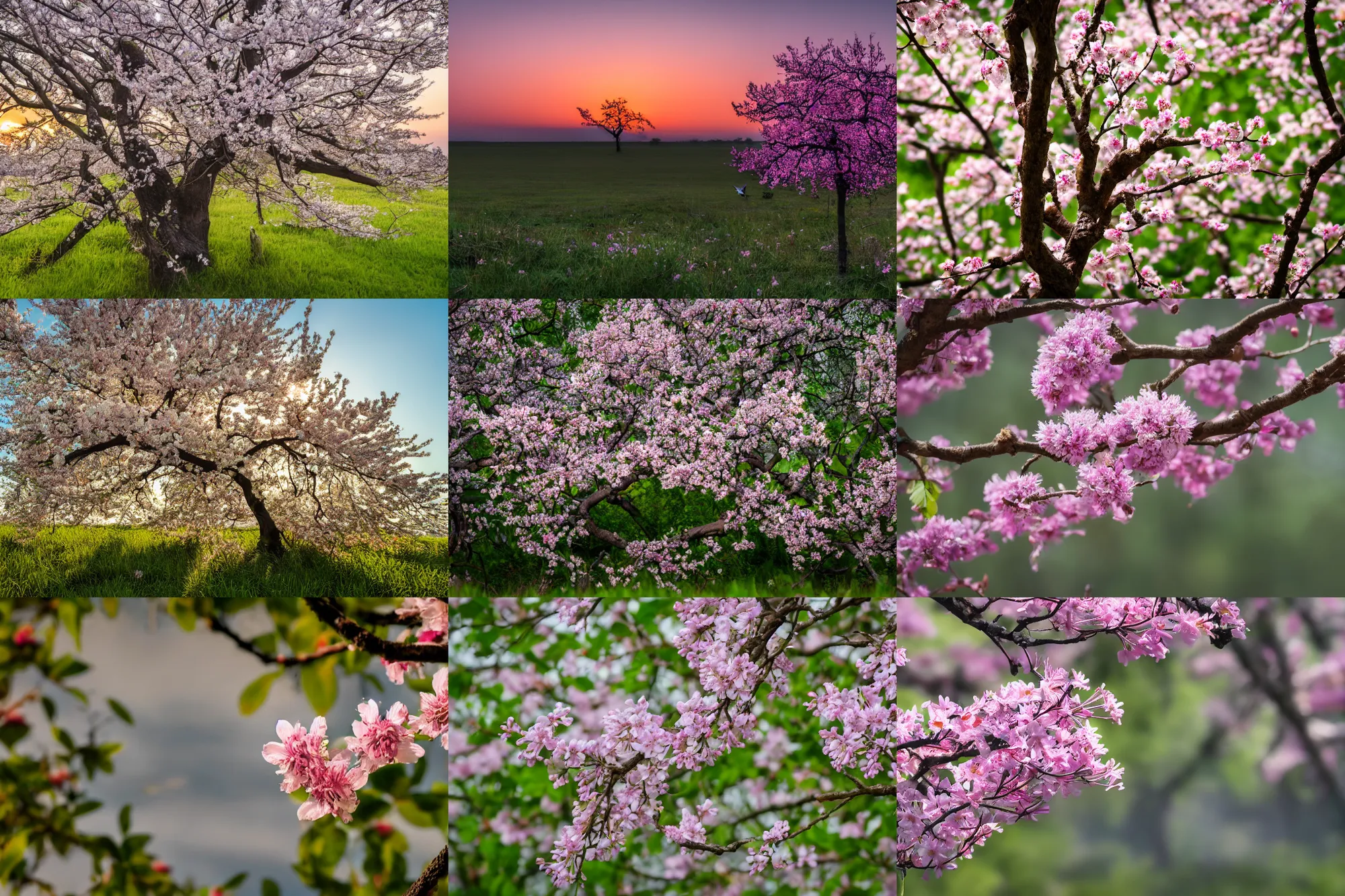 Prompt: tree blooming flowers with a slight breeze and wildlife present, 4 k, dawn, dslr
