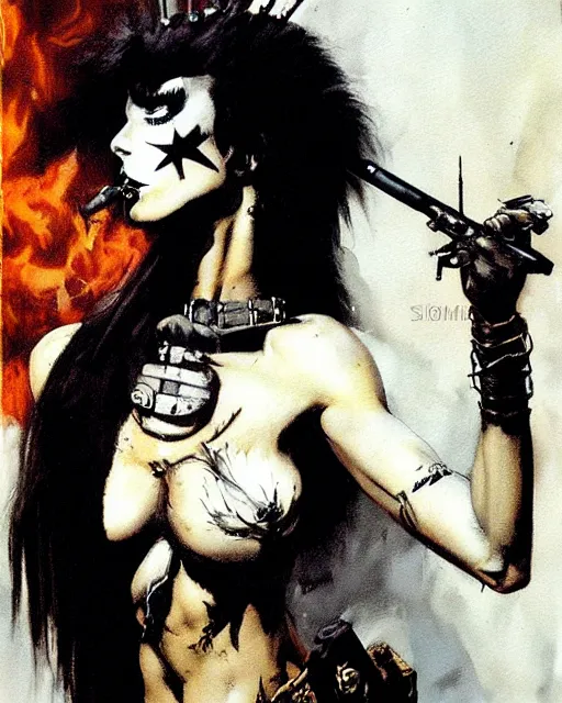 Image similar to portrait of a skinny punk goth soldier smoking a cigarette by simon bisley, john blance, frank frazetta, fantasy, barbarian