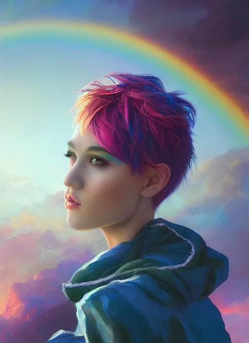 Image similar to girl with rainbow hair, pixie haircut, beautiful highly detailed face, complementary lighting, backlit, black eyeshadow, lipstick, divine, dramatic lighting, landscape background, beautiful painting by artgerm and greg rutkowski and raymond swanland