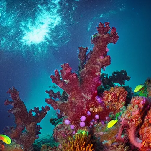 Prompt: bioluminescent vibrant coral reef with milky way background, split - shot underwater photography, astrophotography