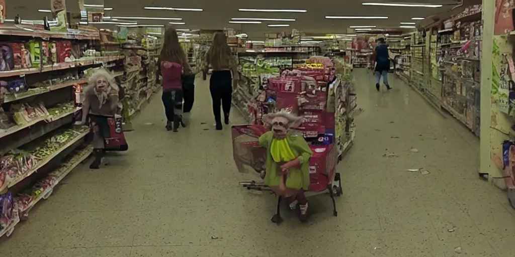 Image similar to elderly goblin women sneaking through abandoned grocery store aisle, screenshot of found footage, flash photography