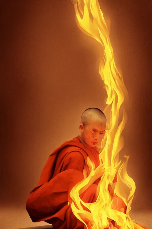 Image similar to A single monk meditating in fire by Afshar Petros, Trending on artstation.