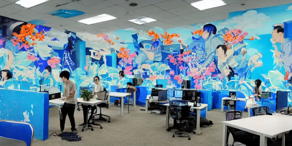 Prompt: a flickr screenshot of an abandoned internet cafe with a blue wall mural, and a japanese sign, with artworks of people playing on computers on the mural