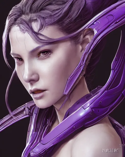 Image similar to close up portrait of a woman in smooth purple sci - fi armor, long black ponytail, elegant, intense, woman, an ultrafine hyperdetailed illustration by kim jung gi, irakli nadar, intricate linework, sharp focus, bright colors, octopath traveler, final fantasy, unreal engine 5, global illumination, radiant light