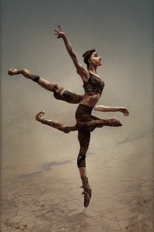 Prompt: a full body portrait of a beautiful post apocalyptic offworld desert gymnast leaping in ballet dance pose by the emerald oasis pools, intricate, elegant, highly detailed, digital painting, artstation, concept art, smooth, sharp focus, illustration, art by krenz cushart and artem demura and alphonse mucha