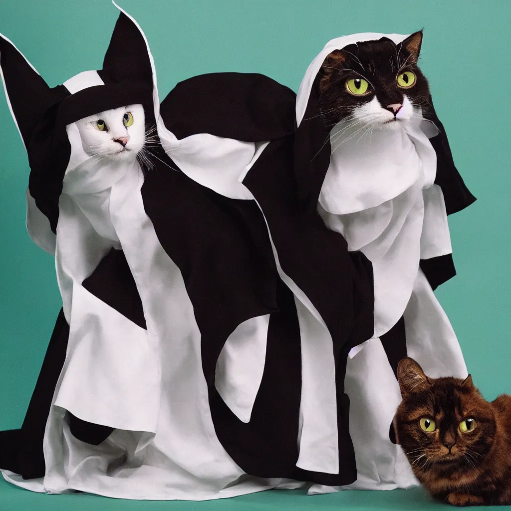 Prompt: color studio photo of a cute cat dressed like a nun