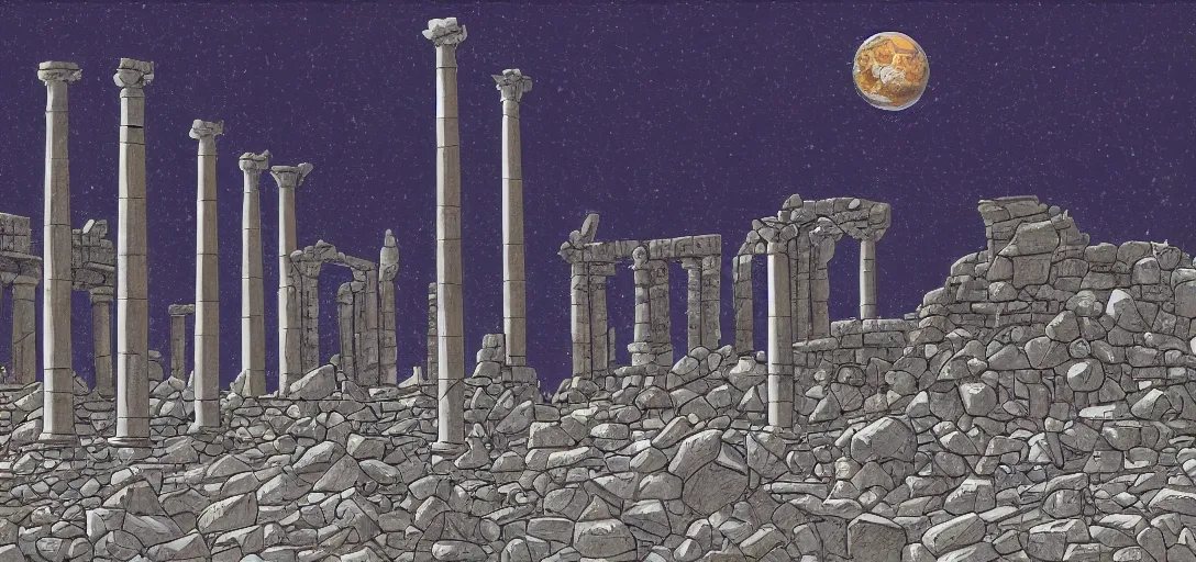 Image similar to The ruins of the Silver Millennium on the moon from Sailor Moon, digital painting, Earth in the distance, Greek-esque columns and ruins, grey sand