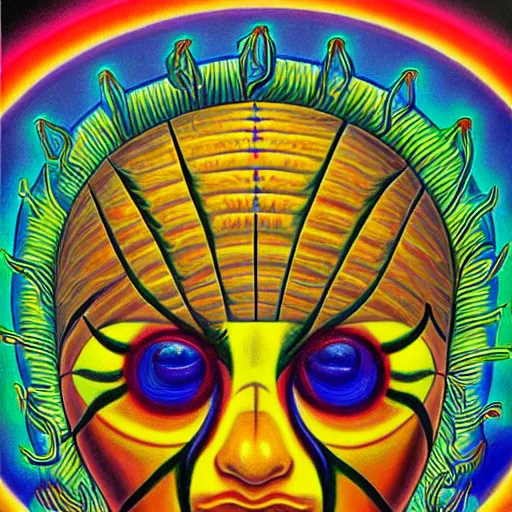 Prompt: Alex Grey painting of a lemon god