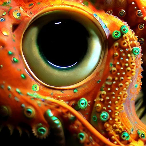 Prompt: a close up of an octopus with human eyes, a macro photograph by craola, flickr contest winner, mingei, lovecraftian, grotesque, macro photography