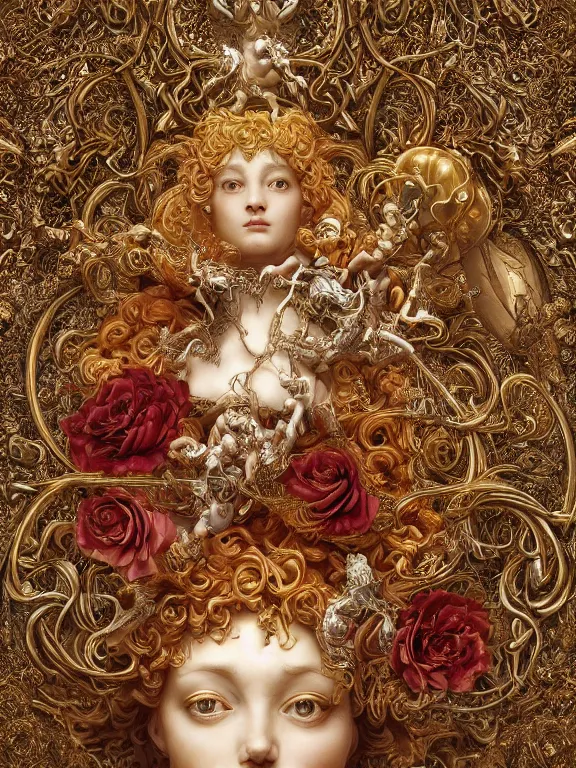 Prompt: a beautiful render of catholic rococo roses veiled red queen sculpture with symmetry intricate detailed,by Lawrence Alma-Tadema and aaron horkey and NekroXIII and Billelis and peter gric,Trending on artstation,ZBrush,maximalist,glittering,gold,silver,ivory,hyperreal,golden ratio,cinematic lighting