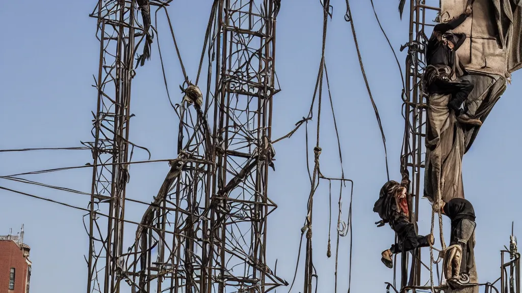 Prompt: hooded thieves use ropes to climb tall metal towers in a steampunk city