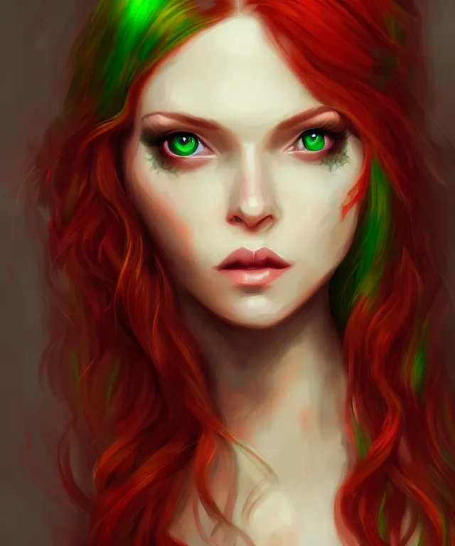 Prompt: Fae teenage girl, portrait, face, long red hair, green highlights, fantasy, intricate, elegant, highly detailed, digital painting, concept art, smooth, sharp focus