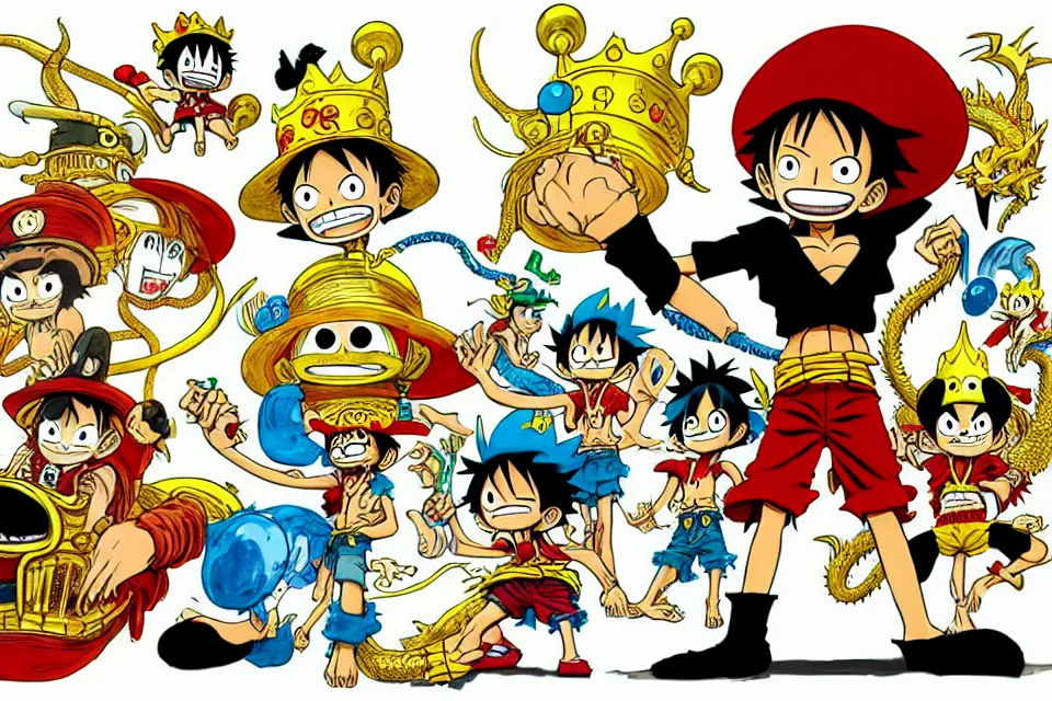 Prompt: concept sketches of luffy wearing a gold crown riding a large dragon by jamie hewlett, in the style of megaman, micro detail, disney