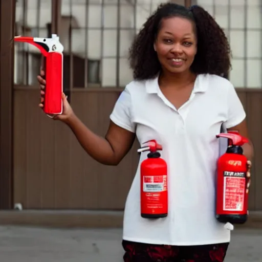 Prompt: a photo of a woman wearing a shirt holding a fire extinguisher, on her shirt writes two aunts