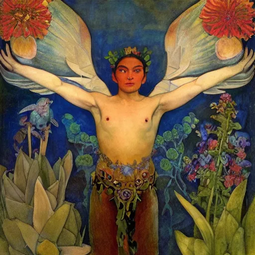 Prompt: the flower prince, by Annie Swynnerton and Nicholas Roerich and Diego Rivera, bioluminescent skin, floral tattoos, wings made out of flowers, elaborate costume, geometric ornament, symbolist, smooth, sharp focus, extremely detailed